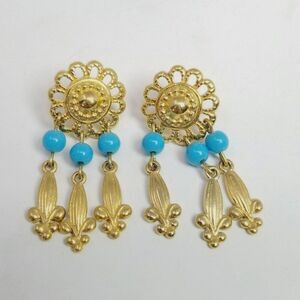 Vintage Gold Tone and Blue Beaded Fleur De Lis Fringe Earrings, Studs, Estate